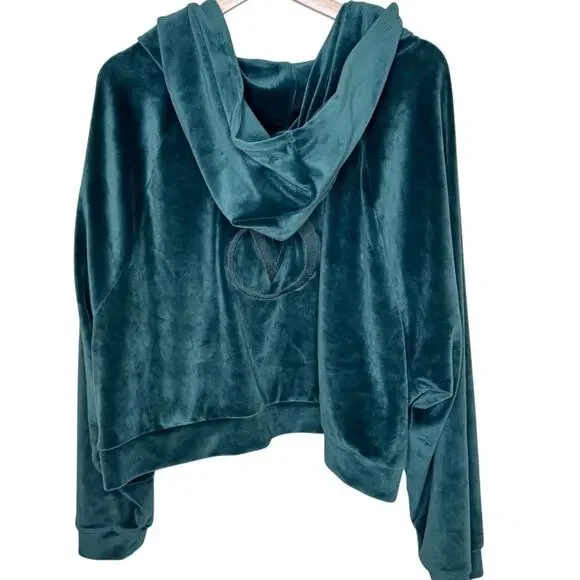 Victoria's Secret Velour Tracksuit Set Full Zip Jogger & Hoodie Teal Green